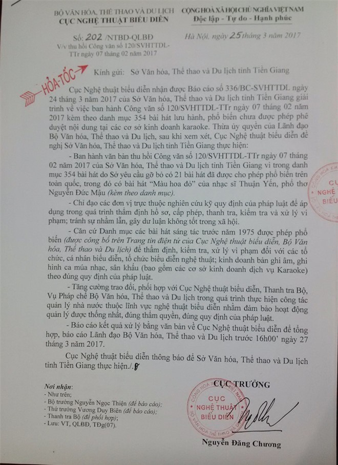 Cục NTBD yêu cầu Tiền Giang thu hồi lệnh cấm 'Màu hoa đỏ'