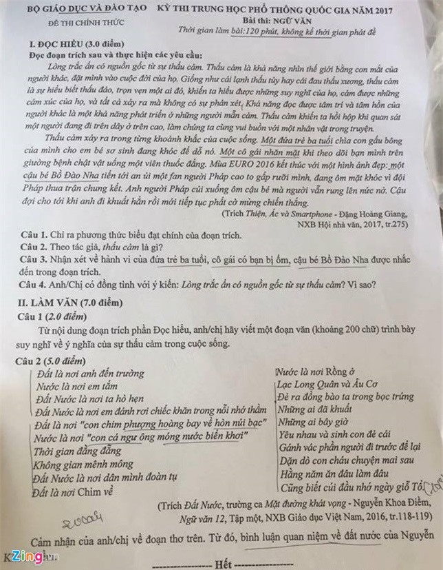 Đề thi chính thức môn Ngữ văn THPT Quốc gia 2017