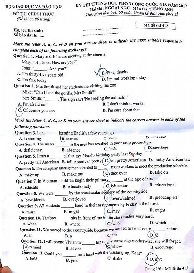 Đáp án, đề thi môn Tiếng Anh THPT Quốc gia 2017