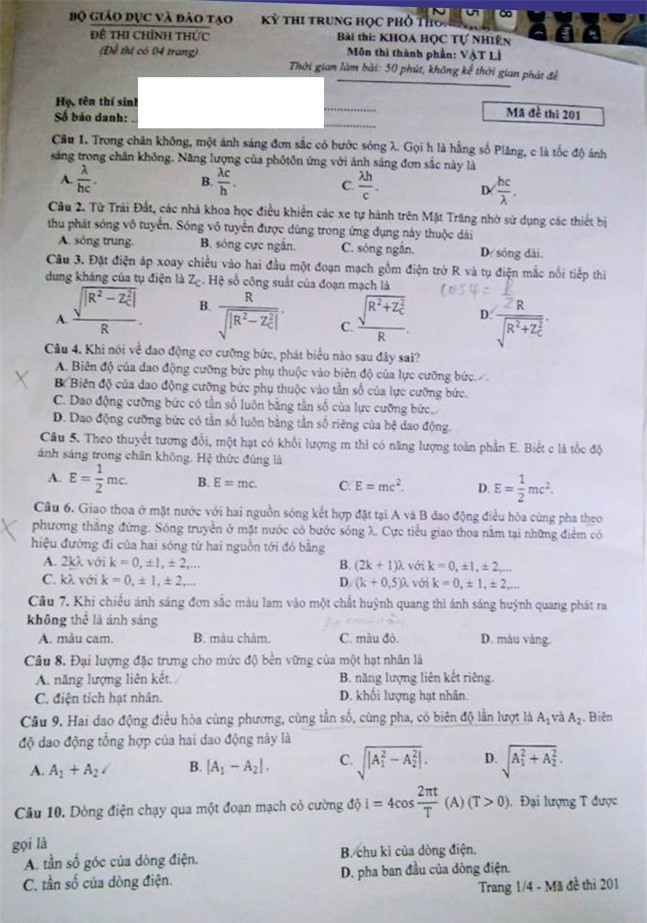 Đáp án đề thi môn Vật Lý THPT Quốc gia 2017