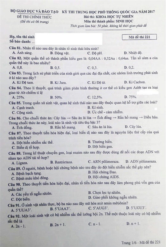 Đề thi, đáp án tất cả các mã đề môn Sinh học THPT Quốc gia 2017