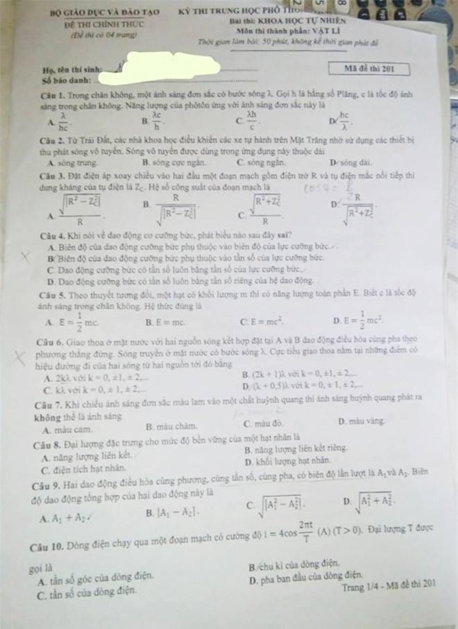 Đính chính 7 mã đề thi môn Vật Lý THPT Quốc gia 2017 có sai sót