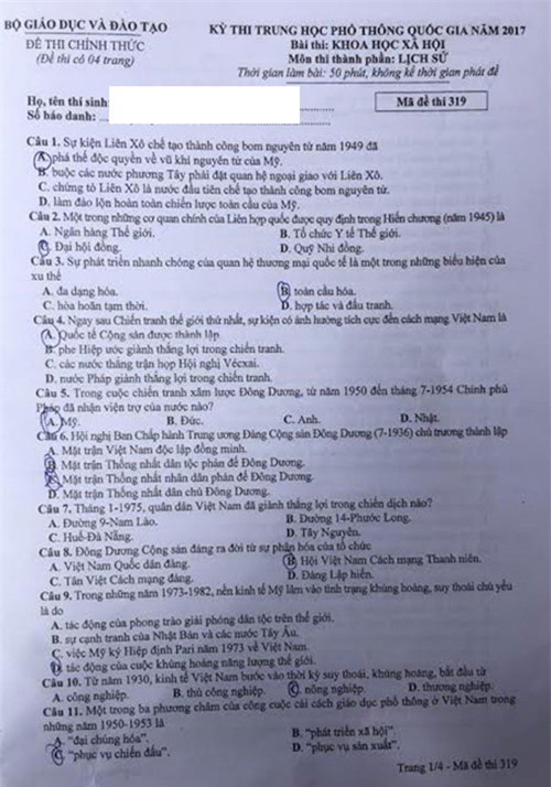 Đáp án, đề thi môn Lịch sử THPT Quốc gia 2017