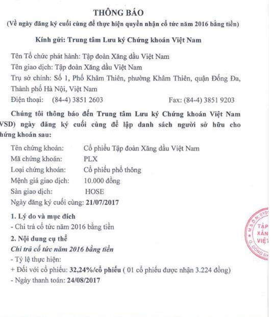 Petrolimex chốt quyền nhận cổ tức bằng tiền tỷ lệ 32,24%