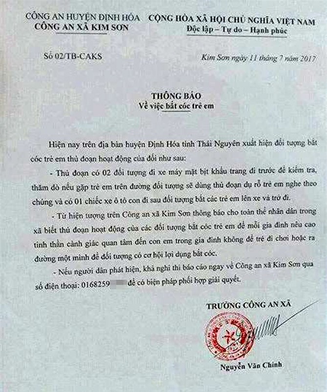 Trưởng công an xã ra thông báo "bắt cóc trẻ em" gây hoang mang dư luận
