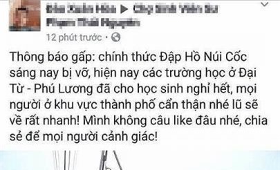 Tung tin vỡ đập hồ Núi Cốc để câu like, thanh niên bị phạt 12,5 triệu đồng