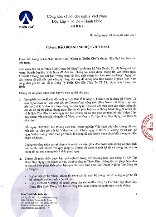 Công ty cổ phần Thiên Kim công khai xin lỗi Công ty cổ phần Tập đoàn xây dựng Hòa Bình