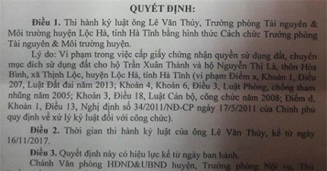 Sai phạm trong việc cấp đất, trưởng phòng TN&MT bị cách chức