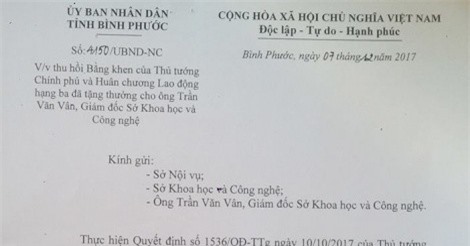 Thu hồi bằng khen, huân chương của Giám đốc sở KH&CN Bình Phước