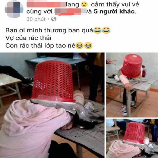 Học sinh lớp 7 úp sọt rác lên đầu bạn rồi chụp hình “câu like”
