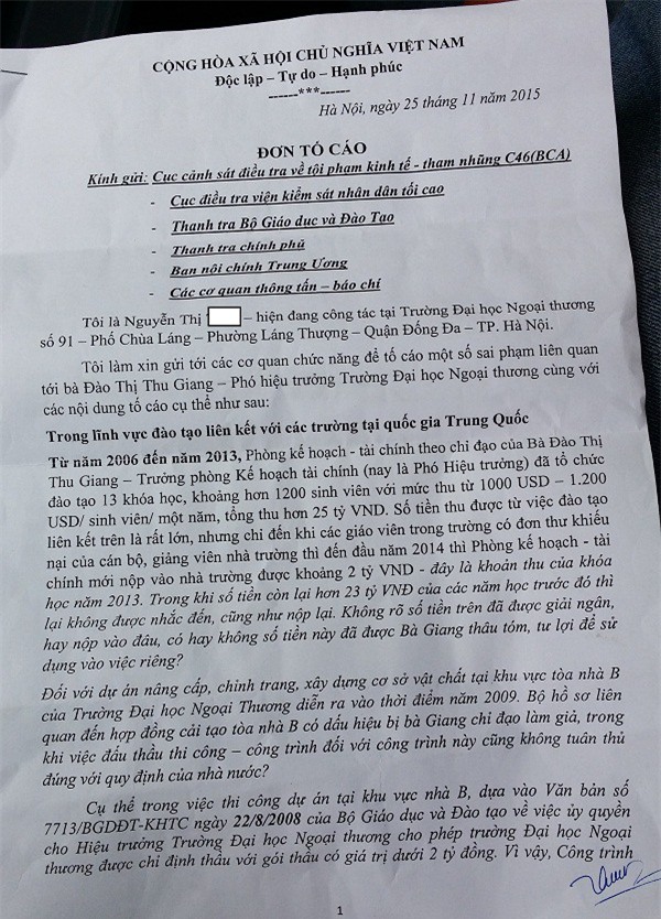 ĐH Ngoại Thương: Giáo viên “tố” Phó hiệu trưởng tham nhũng tiền tỷ?